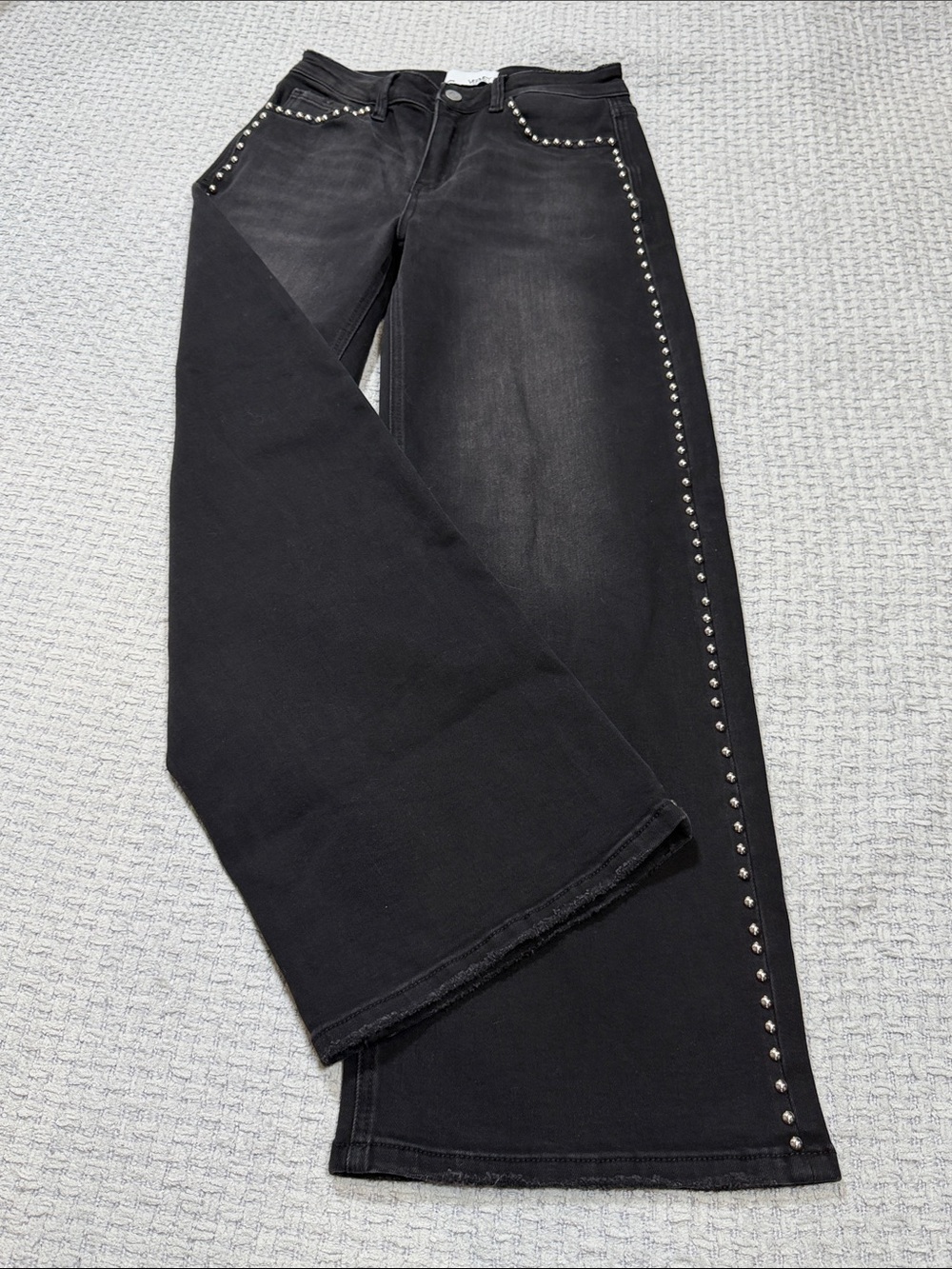 Olivia High Rise Silver Dome Nail Head Detailed Wide Leg Jeans by Vervet 27 - Picture 9 of 16